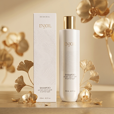 immagine dello Shampoo Enjoil con la sua confezione ambientati in uno sfondo dorato 